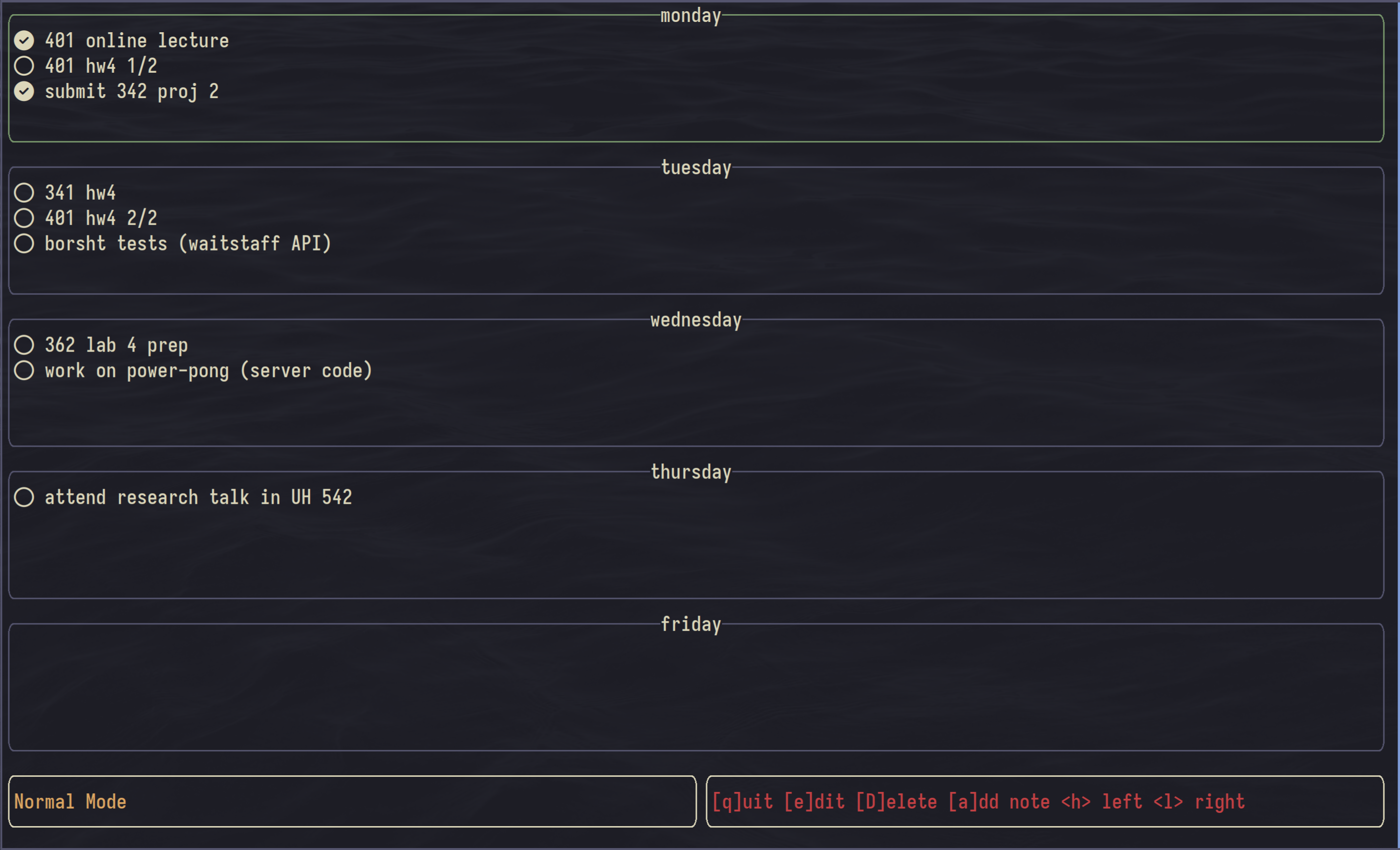 screen shot of keep tui terminal user interface